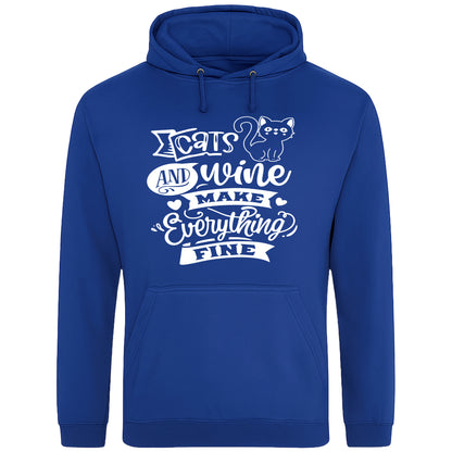 A cozy royal blue colour hoodie featuring a playful design with a cat illustration and the phrase "Cats and Wine Make Everything Fine" printed on the front.