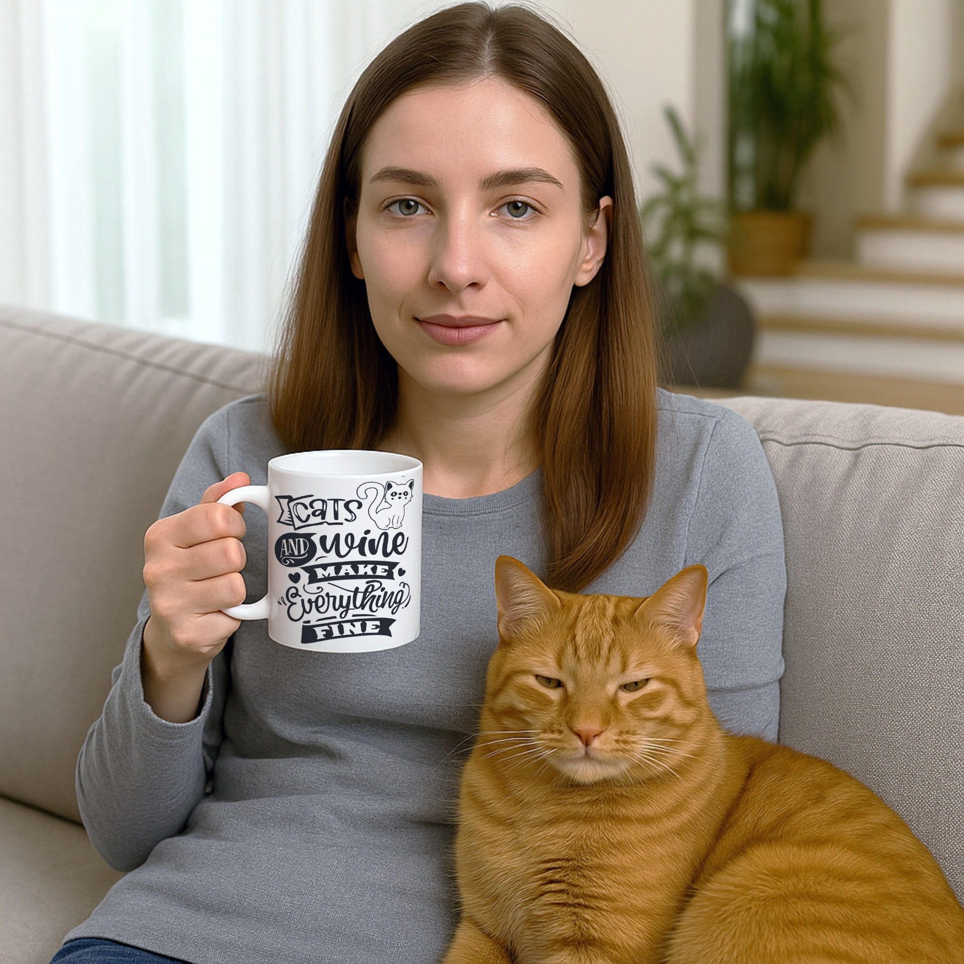 A woman holding a mug with text saying Cats and Wine Make Everything Fine” mug ideal for cat people