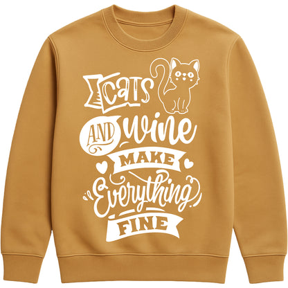 Funny unisex sweatshirt with “Cats and Wine Make Everything Fine” quote, ideal gift for cat moms, wine lovers, and cozy nights in, caramel latte colour 