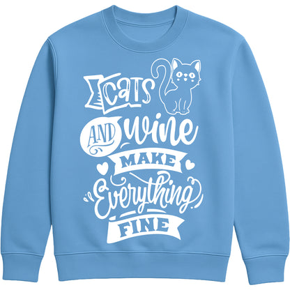 Funny unisex sweatshirt with “Cats and Wine Make Everything Fine” quote, ideal gift for cat moms, wine lovers, and cozy nights in cornflower blue