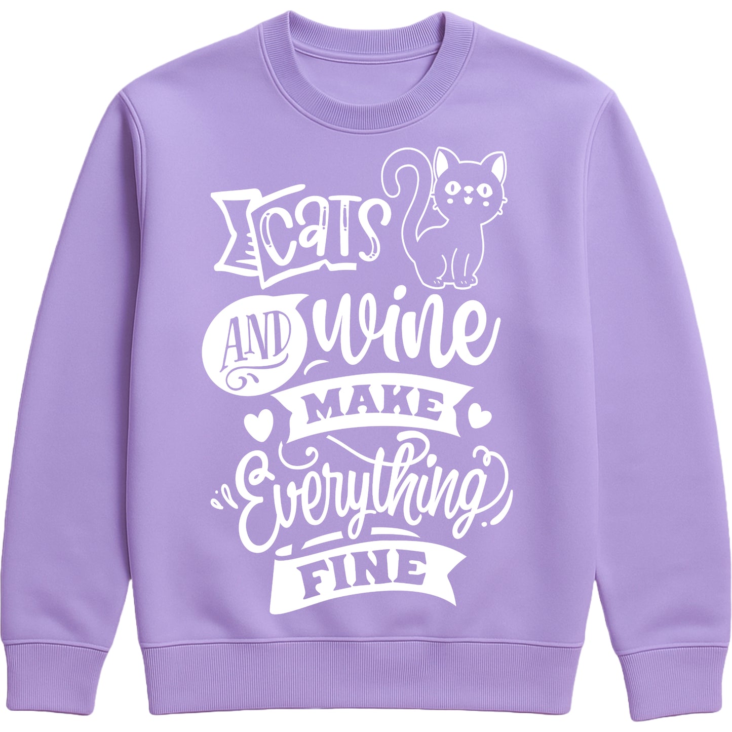 Funny unisex sweatshirt with “Cats and Wine Make Everything Fine” quote, ideal gift for cat moms, wine lovers, and cozy nights in, digital lavender colour