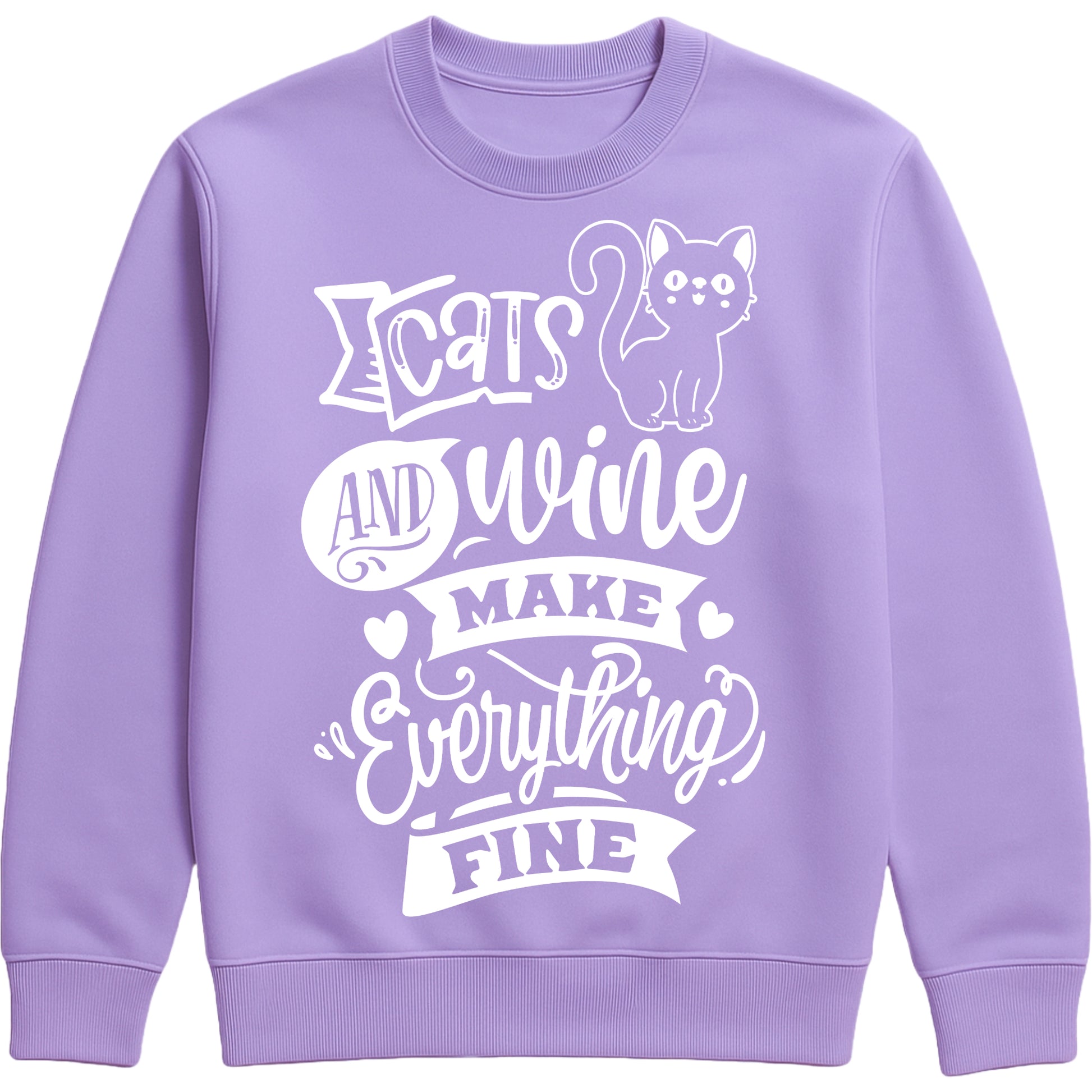Funny unisex sweatshirt with “Cats and Wine Make Everything Fine” quote, ideal gift for cat moms, wine lovers, and cozy nights in, digital lavender colour