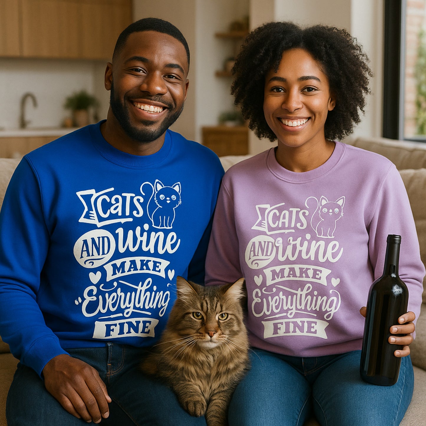Two people wearing matching sweatshirts with a cat and wine theme with the text reading cats and wine make everything fine, sitting on a couch with a cat.