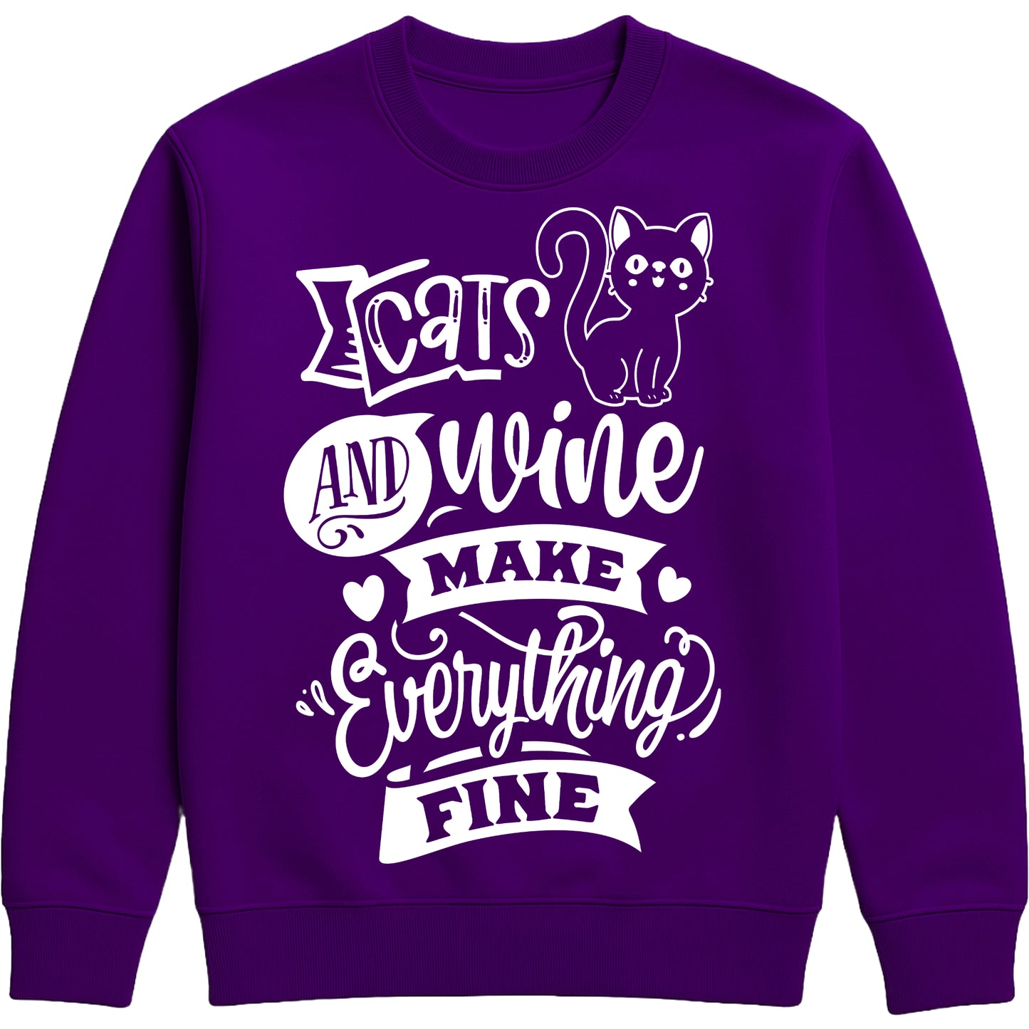 Funny unisex sweatshirt with “Cats and Wine Make Everything Fine” quote, ideal gift for cat moms, wine lovers, and cozy nights in, purple colour