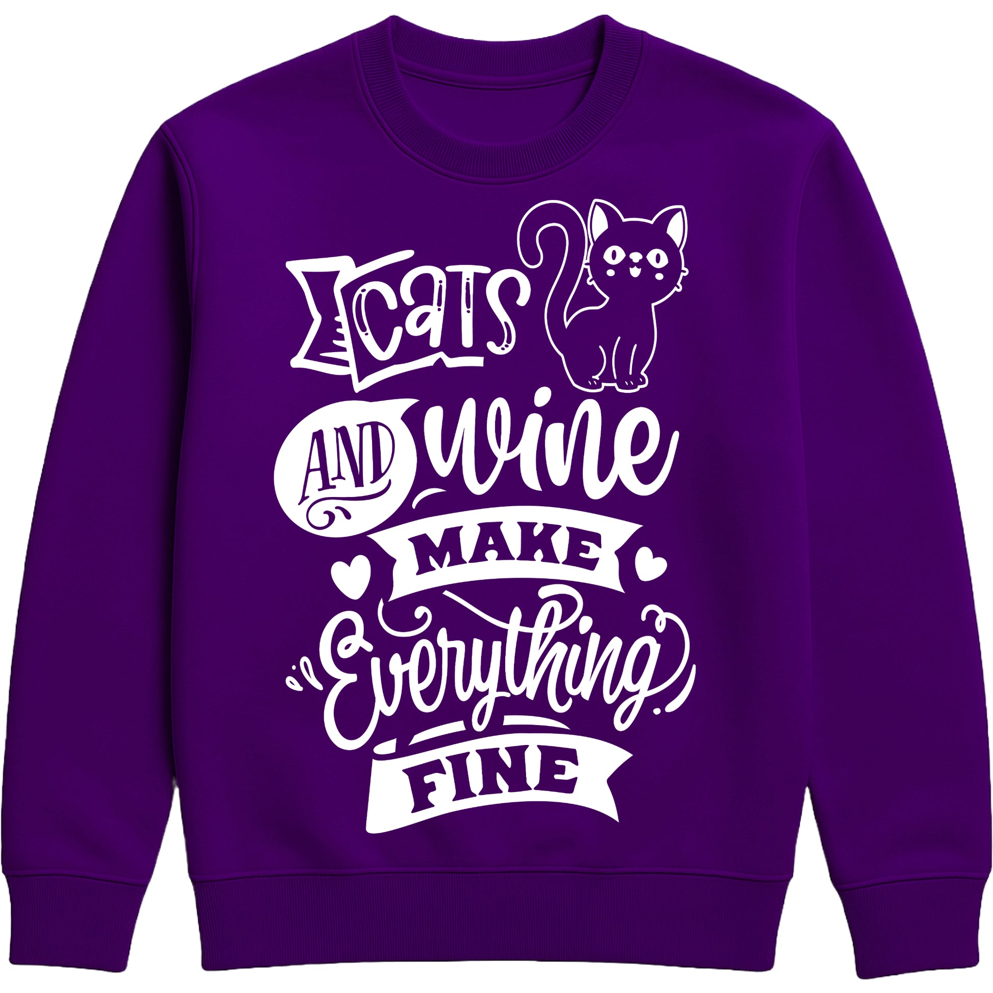 Funny unisex sweatshirt with “Cats and Wine Make Everything Fine” quote, ideal gift for cat moms, wine lovers, and cozy nights in, purple colour