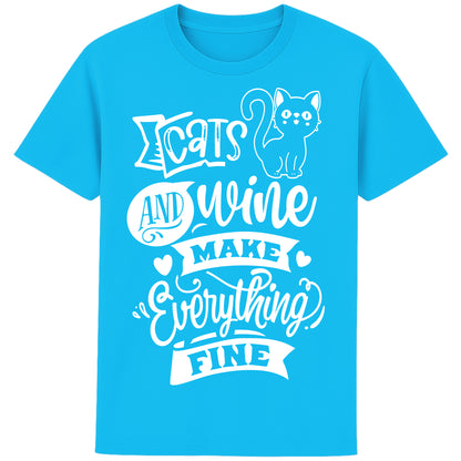 Funny unisex graphic t-shirt aqua blue colour for cat and wine lovers with “Cats and Wine Make Everything Fine” quote, perfect gift for pet and wine enthusiasts