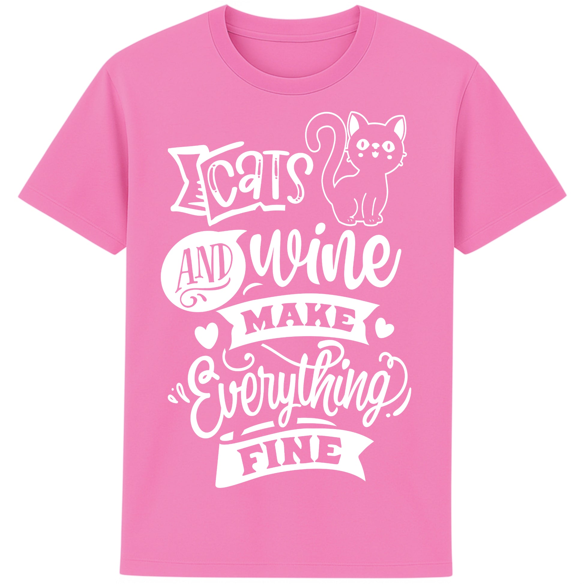 Funny unisex graphic t-shirt for cat and wine lovers with “Cats and Wine Make Everything Fine” quote, perfect gift for pet and wine enthusiasts bubble pink colour