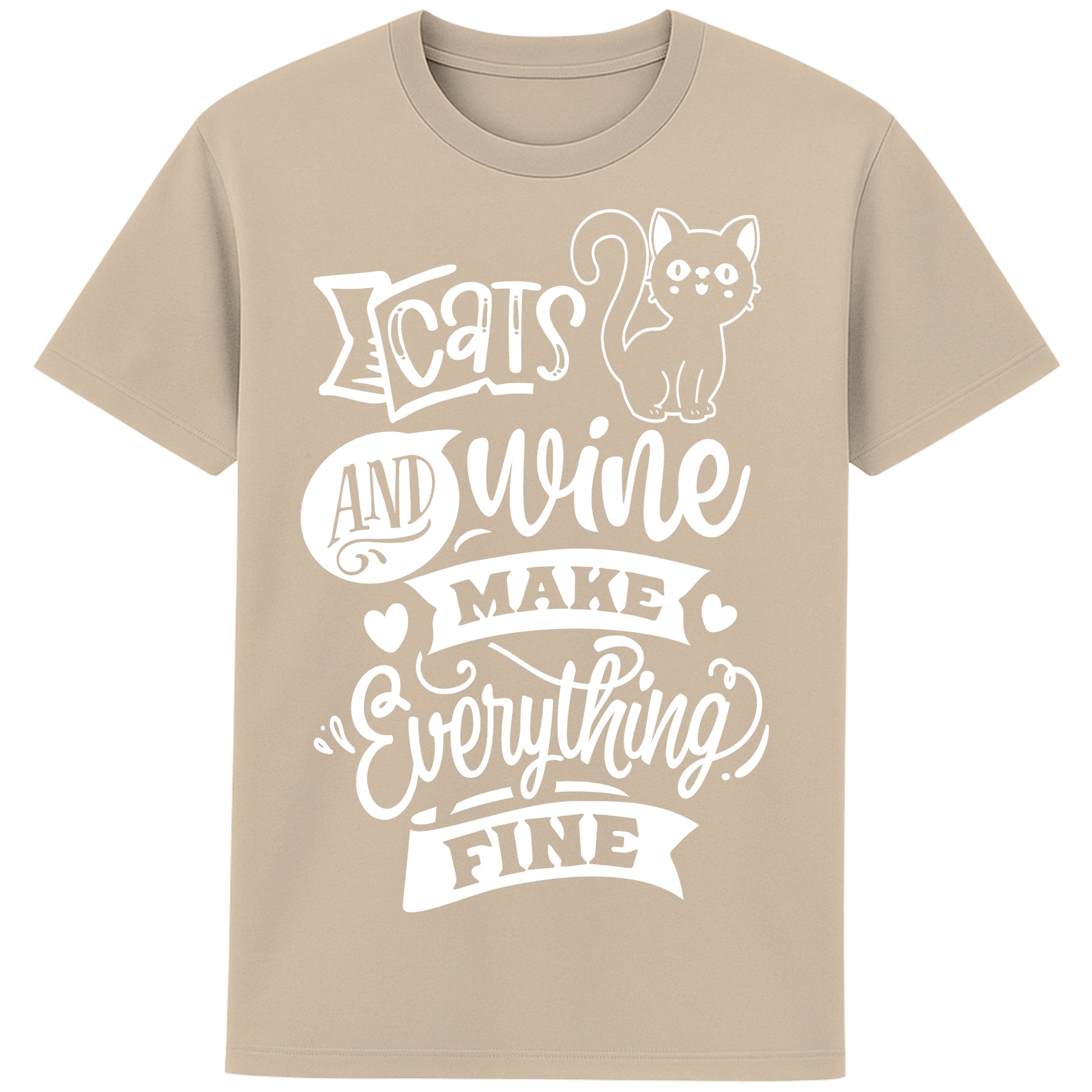 Funny unisex graphic t-shirt for cat and wine lovers with “Cats and Wine Make Everything Fine” quote, perfect gift for pet and wine enthusiasts desert dust colour