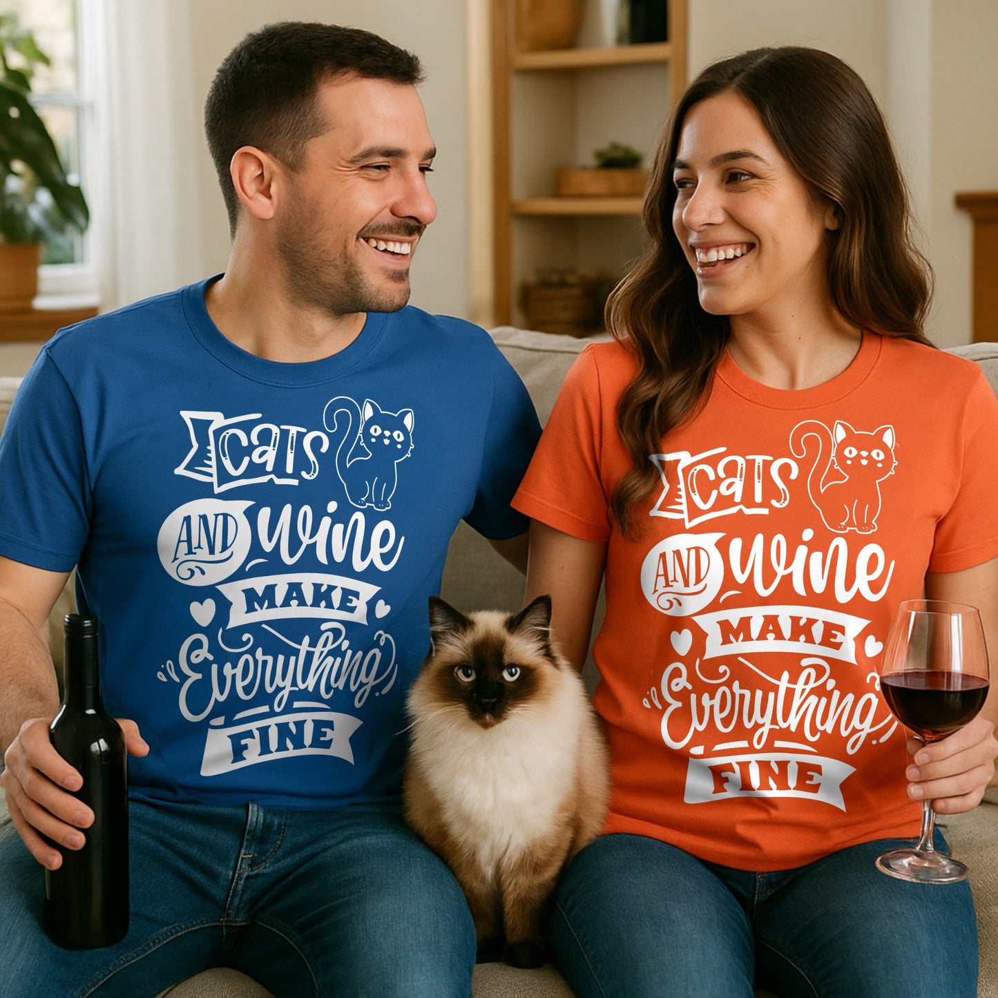 Man and woman sitting on a couch with a cat, both wearing t-shirts with a humorous cat and wine-themed design. text on t-shirt says cats and wine makes everything fine
