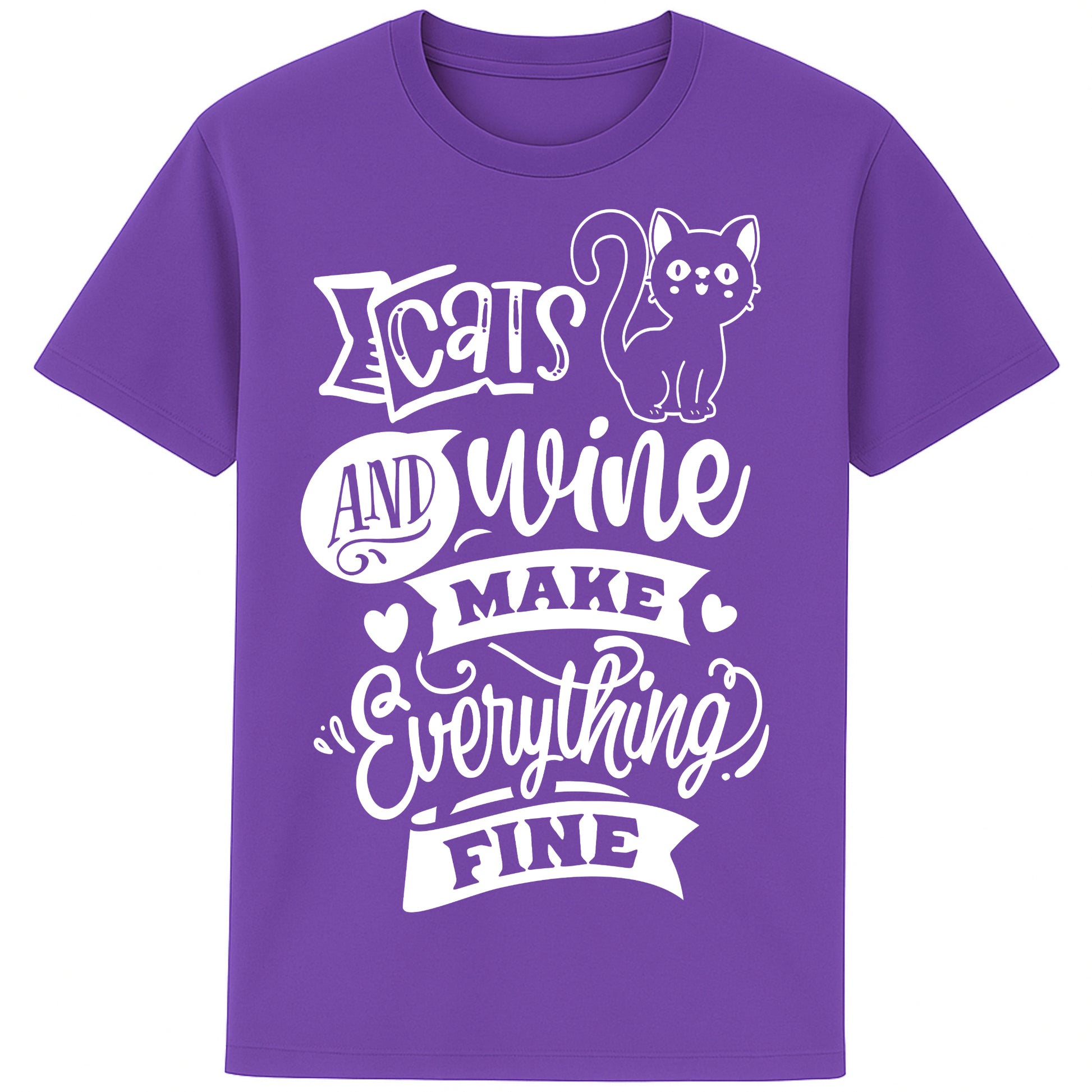Funny unisex graphic purple t-shirt for cat and wine lovers with “Cats and Wine Make Everything Fine” quote, perfect gift for pet and wine enthusiasts