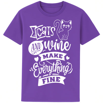 Funny unisex graphic purple t-shirt for cat and wine lovers with “Cats and Wine Make Everything Fine” quote, perfect gift for pet and wine enthusiasts