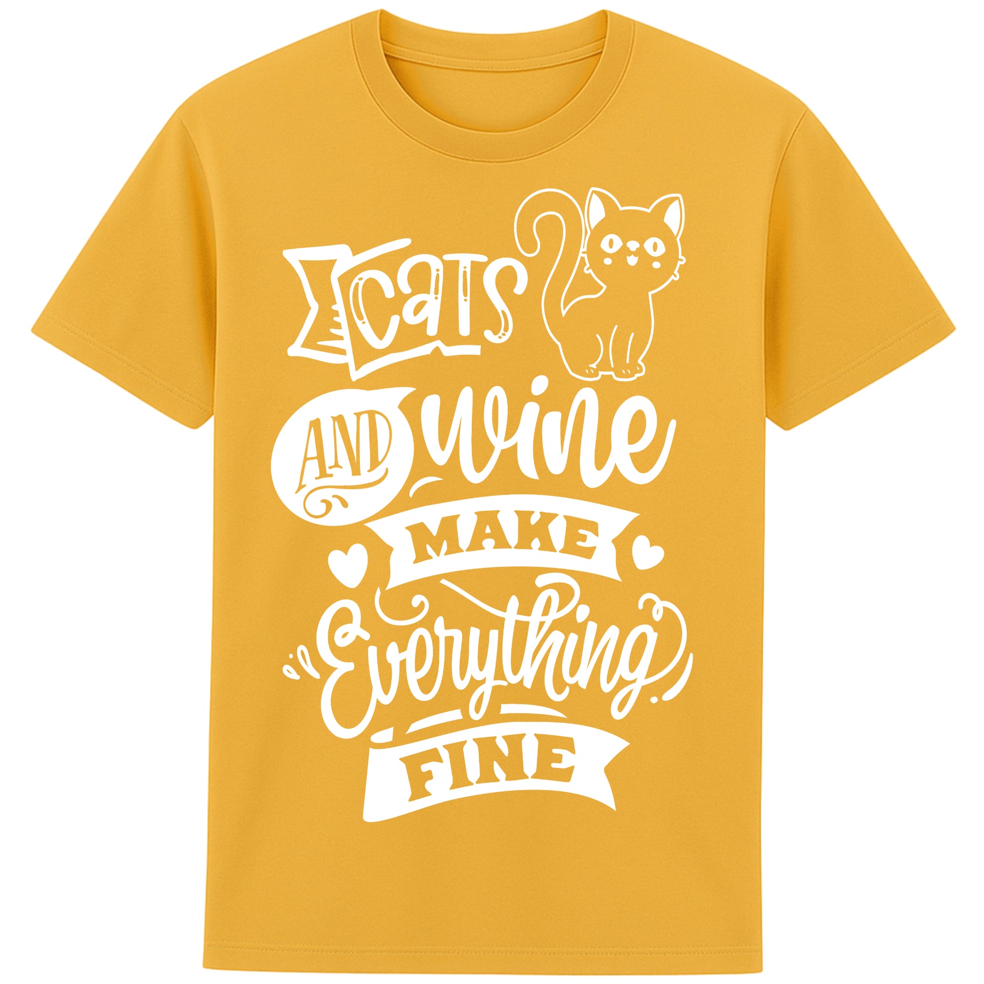 Funny unisex graphic t-shirt for cat and wine lovers with “Cats and Wine Make Everything Fine” quote, perfect gift for pet and wine enthusiasts spectre yellow colour