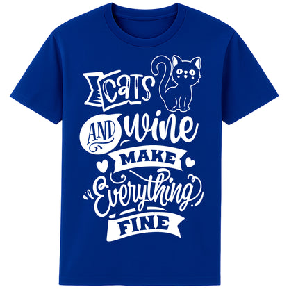 Funny unisex graphic t-shirt for cat and wine lovers with “Cats and Wine Make Everything Fine” quote, perfect gift for pet and wine enthusiasts worker blue colour