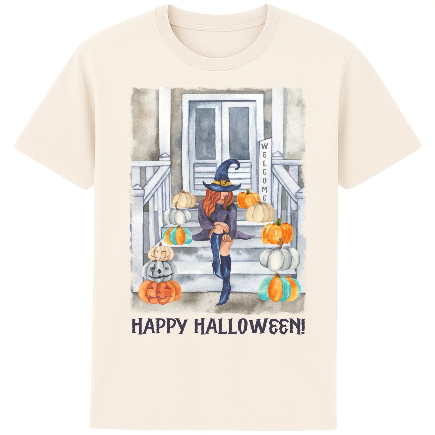 A naturel colour cute witch Halloween shirt featuring a stylish witch sitting on a pumpkin-filled porch surrounded by autumn leaves and pumpkins, cosy fall graphic tee for spooky season and pumpkin patch outings