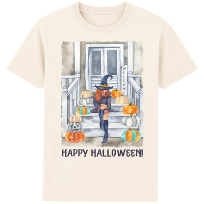 A naturel colour cute witch Halloween shirt featuring a stylish witch sitting on a pumpkin-filled porch surrounded by autumn leaves and pumpkins, cosy fall graphic tee for spooky season and pumpkin patch outings