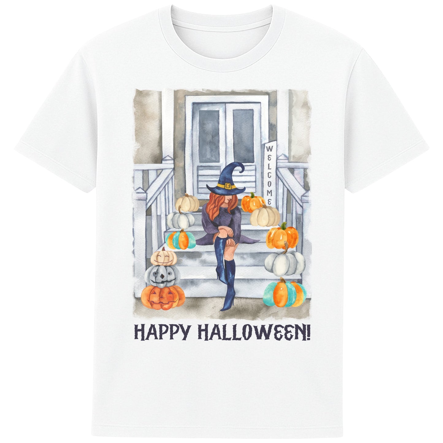 A white cute witch Halloween shirt featuring a stylish witch sitting on a pumpkin-filled porch surrounded by autumn leaves and pumpkins, cosy fall graphic tee for spooky season and pumpkin patch outings