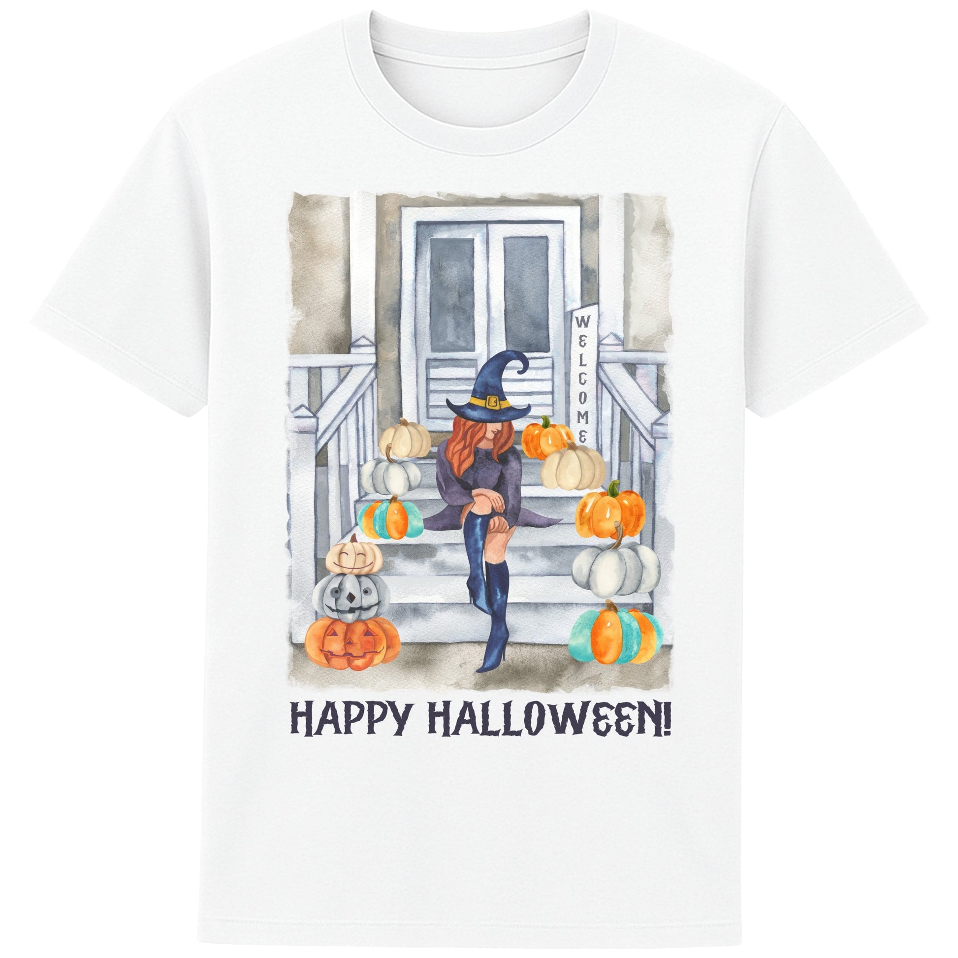 A white cute witch Halloween shirt featuring a stylish witch sitting on a pumpkin-filled porch surrounded by autumn leaves and pumpkins, cosy fall graphic tee for spooky season and pumpkin patch outings