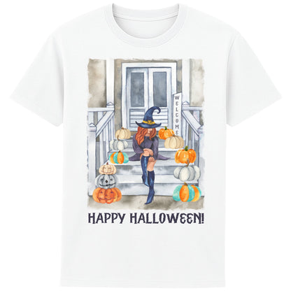 A white cute witch Halloween shirt featuring a stylish witch sitting on a pumpkin-filled porch surrounded by autumn leaves and pumpkins, cosy fall graphic tee for spooky season and pumpkin patch outings