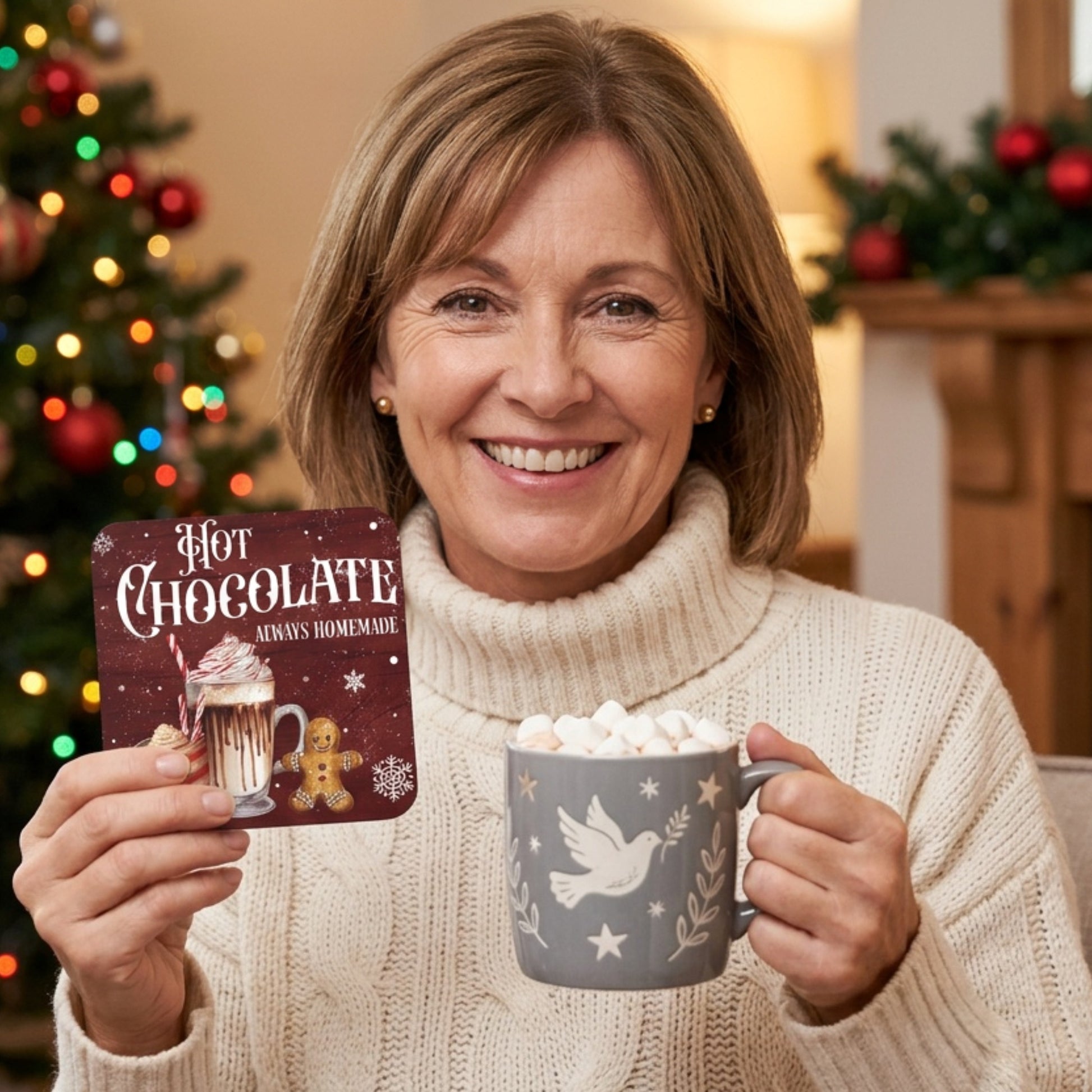 Woman holding a Christmas hot chocolate coaster featuring cocoa, candy canes and a gingerbread cookie while enjoying a festive mug beside a decorated Christmas tree.