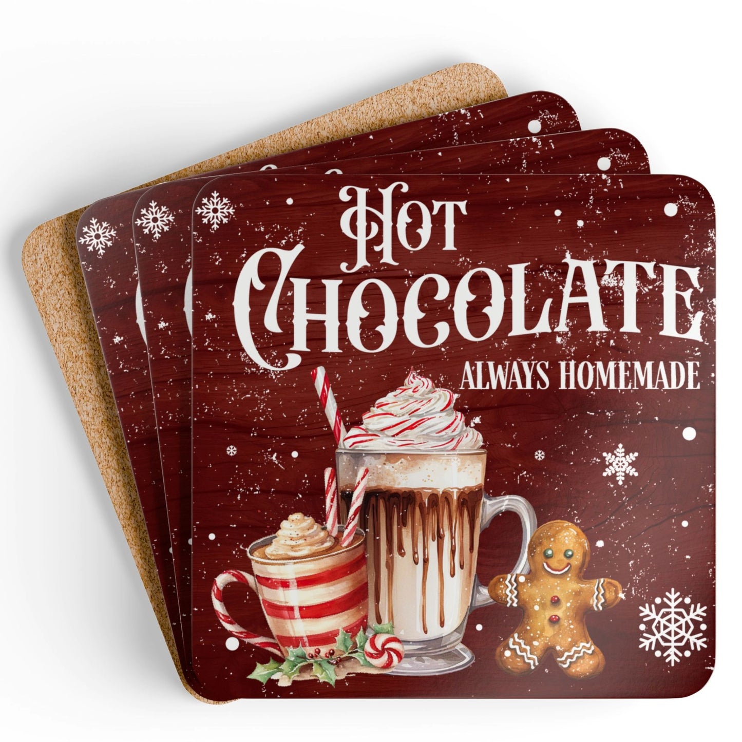 "Set of 4 festive hot chocolate coaster with whipped cream, candy cane, and gingerbread design – perfect for holiday decor and winter drinks"