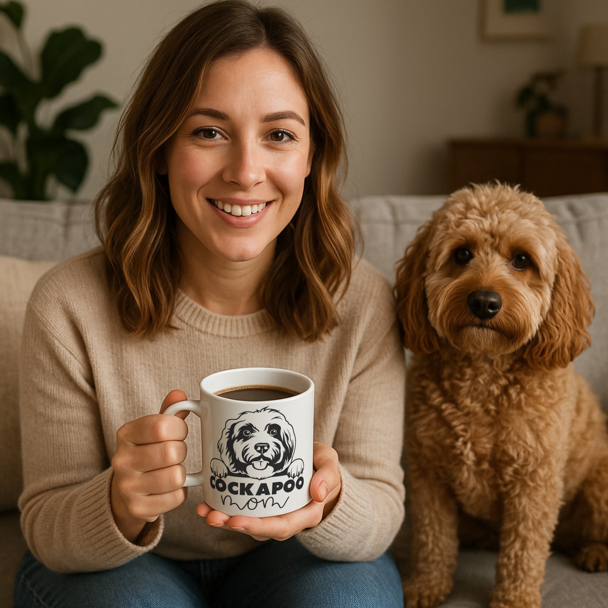 a woman holding a coffee mug with a cockapoo design and saying cockapoo mom 
