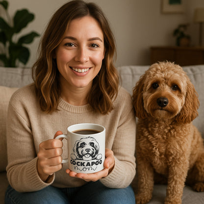 a woman holding a coffee mug with a cockapoo design and saying cockapoo mom 