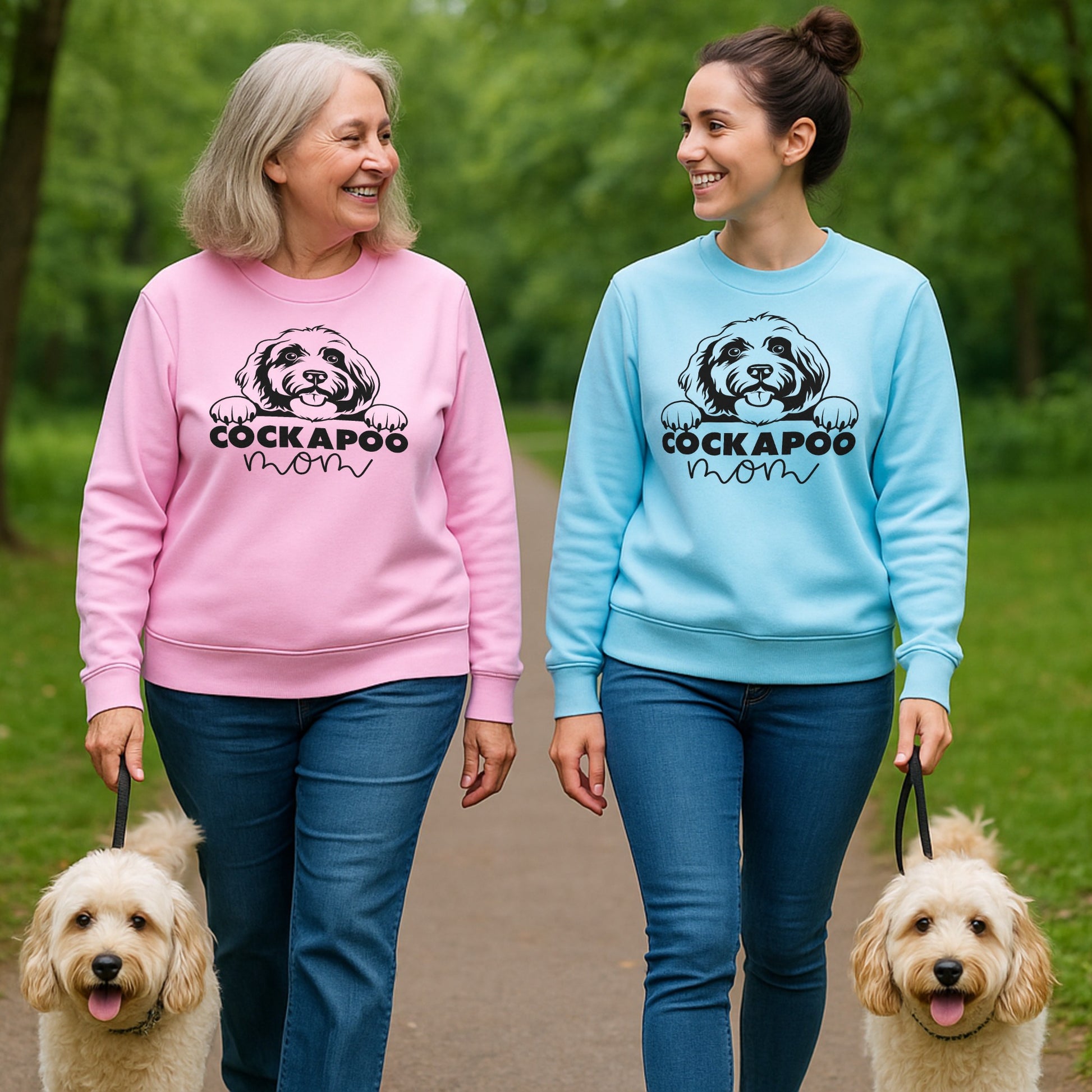 Two women walking dogs in a park, wearing pink and blue sweatshirts with Cockapoo design.