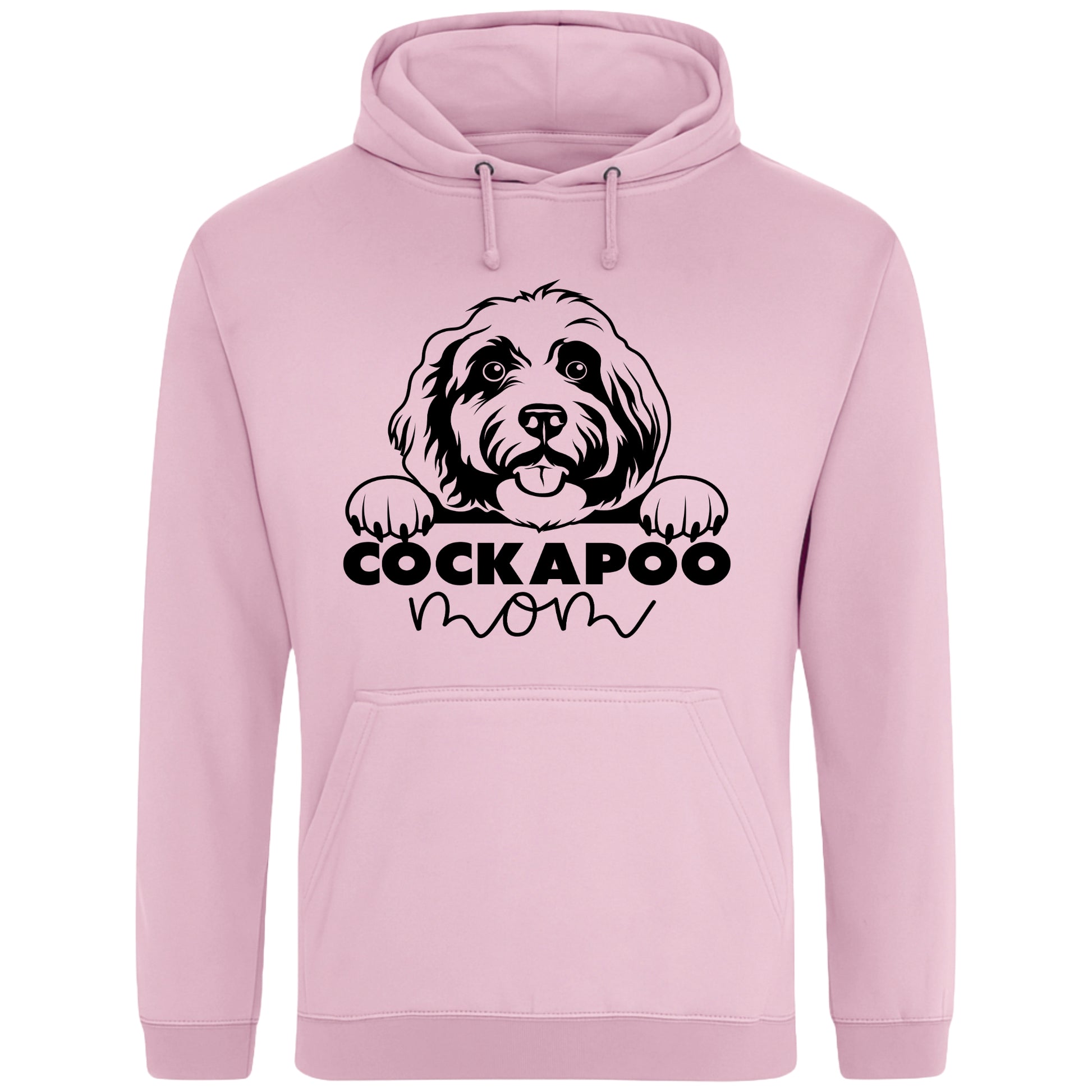 Pink hoodie with a playful design featuring a cartoon Cockapoo dog peeking over the bold text 'Cockapoo Mom' in a mix of black and pink fonts. The dog has a cute expression with its tongue out and paws hanging over the text."