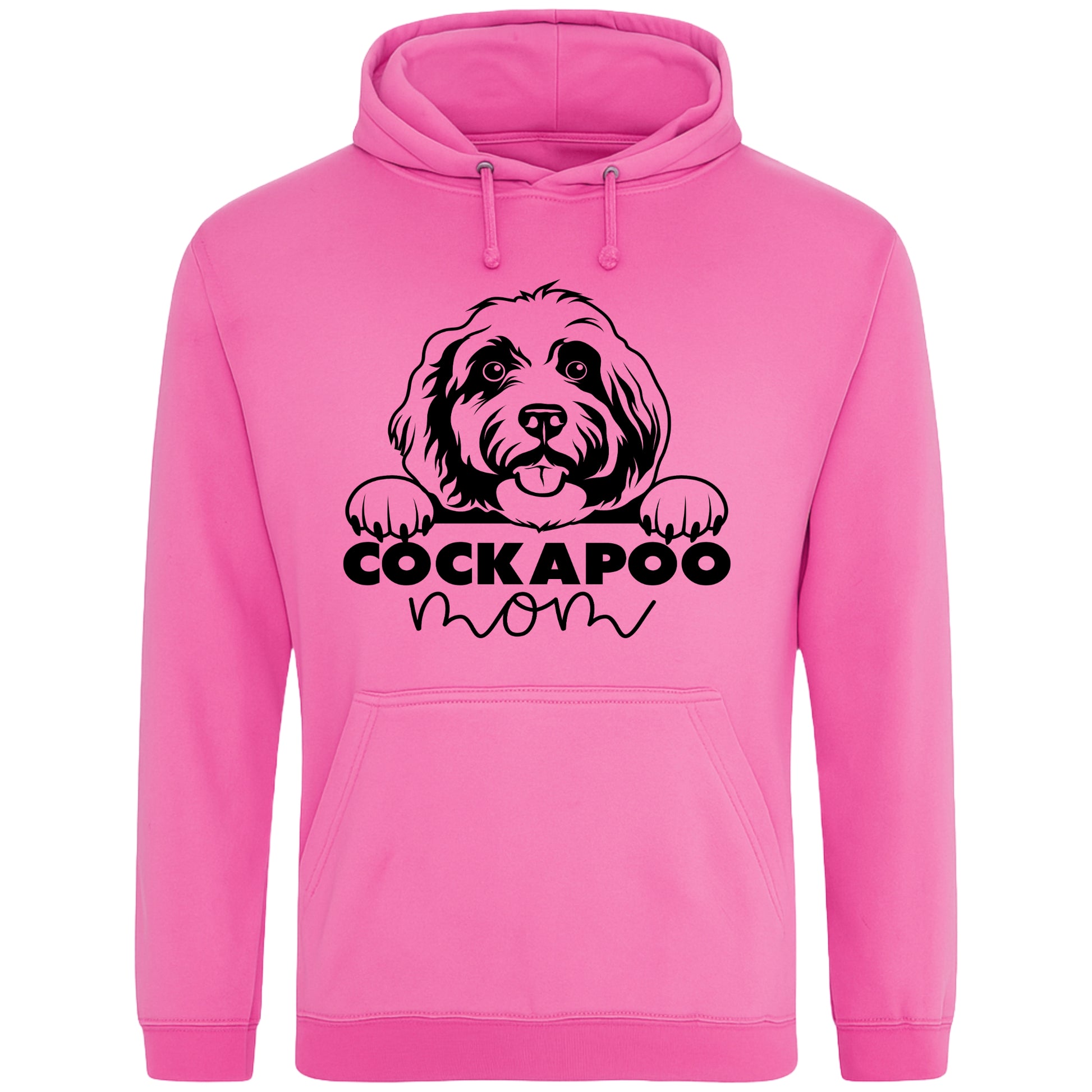 A candyfloss pink hoodie with a playful design featuring a cartoon Cockapoo dog peeking over the bold text 'Cockapoo Mom' in a mix of black and pink fonts. The dog has a cute expression with its tongue out and paws hanging over the text."