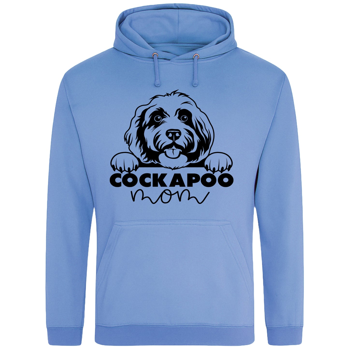 A cornflower blue hoodie with a playful design featuring a cartoon Cockapoo dog peeking over the bold text 'Cockapoo Mom' in a mix of black and pink fonts. The dog has a cute expression with its tongue out and paws hanging over the text."