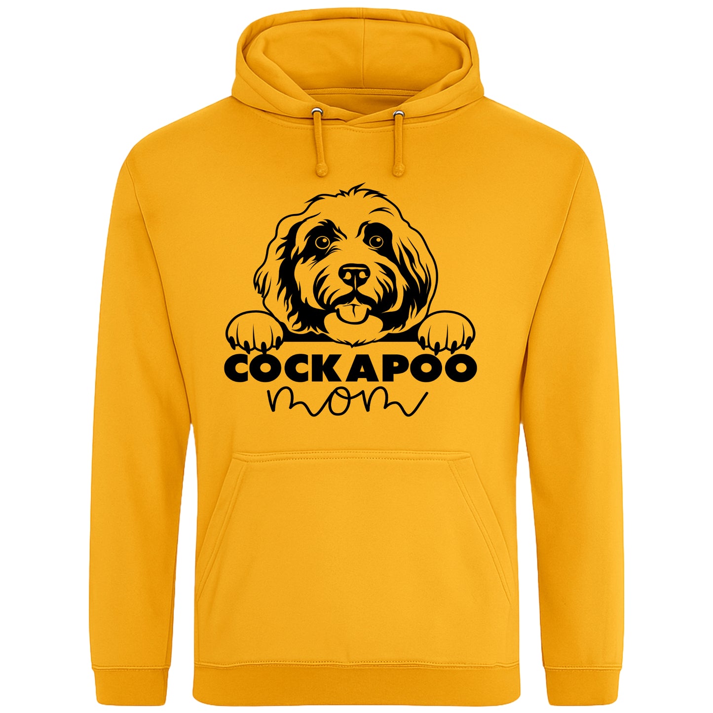 A gold colour hoodie with a playful design featuring a cartoon Cockapoo dog peeking over the bold text 'Cockapoo Mom' in a mix of black and pink fonts. The dog has a cute expression with its tongue out and paws hanging over the text."
