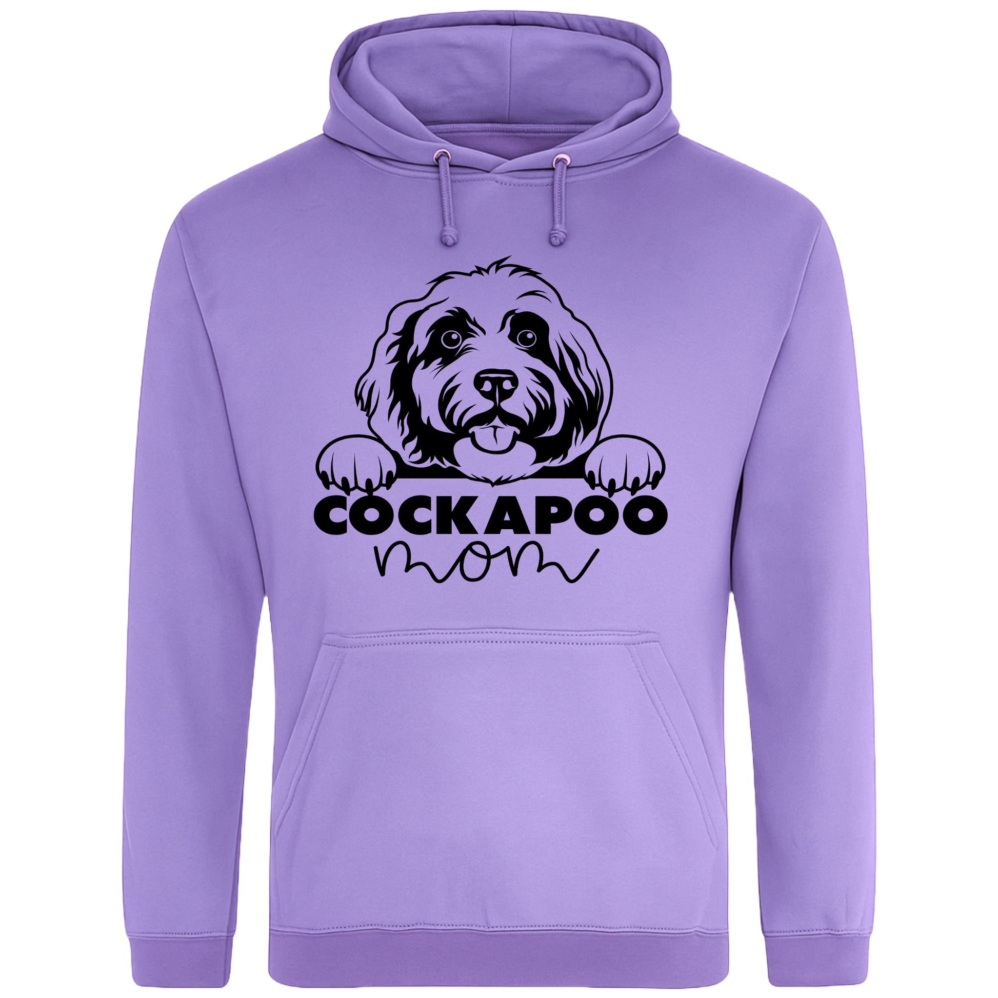 A lavender hoodie with a playful design featuring a cartoon Cockapoo dog peeking over the bold text 'Cockapoo Mom' in a mix of black and pink fonts. The dog has a cute expression with its tongue out and paws hanging over the text."