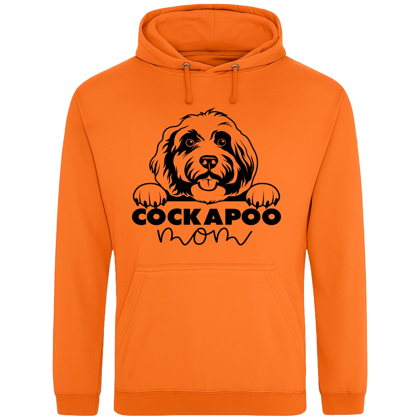A Orange Crush colour hoodie with a playful design featuring a cartoon Cockapoo dog peeking over the bold text 'Cockapoo Mom' in a mix of black and pink fonts. The dog has a cute expression with its tongue out and paws hanging over the text."