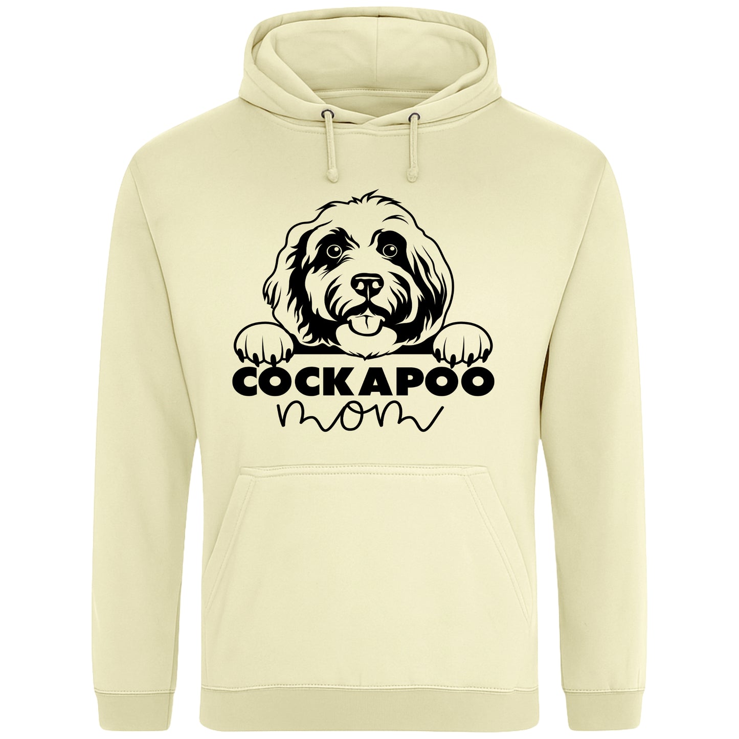 A vanilla milkshake colour hoodie with a playful design featuring a cartoon Cockapoo dog peeking over the bold text 'Cockapoo Mom' in a mix of black and pink fonts. The dog has a cute expression with its tongue out and paws hanging over the text."