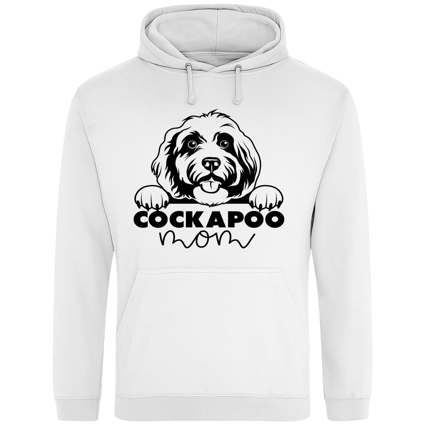 A white hoodie with a playful design featuring a cartoon Cockapoo dog peeking over the bold text 'Cockapoo Mom' in a mix of black and pink fonts. The dog has a cute expression with its tongue out and paws hanging over the text."