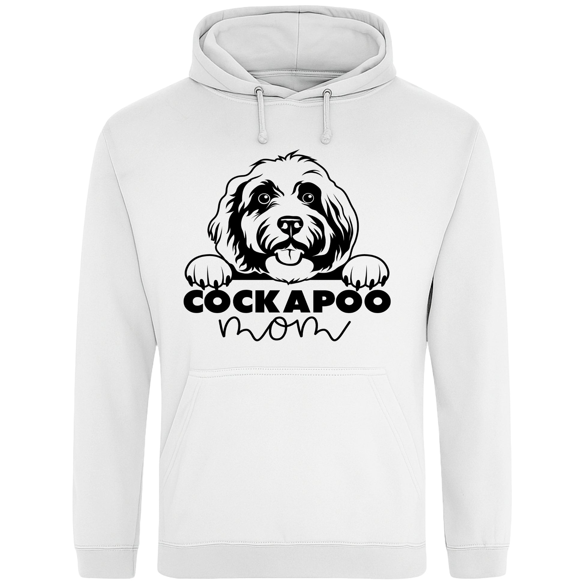 A white hoodie with a playful design featuring a cartoon Cockapoo dog peeking over the bold text 'Cockapoo Mom' in a mix of black and pink fonts. The dog has a cute expression with its tongue out and paws hanging over the text."