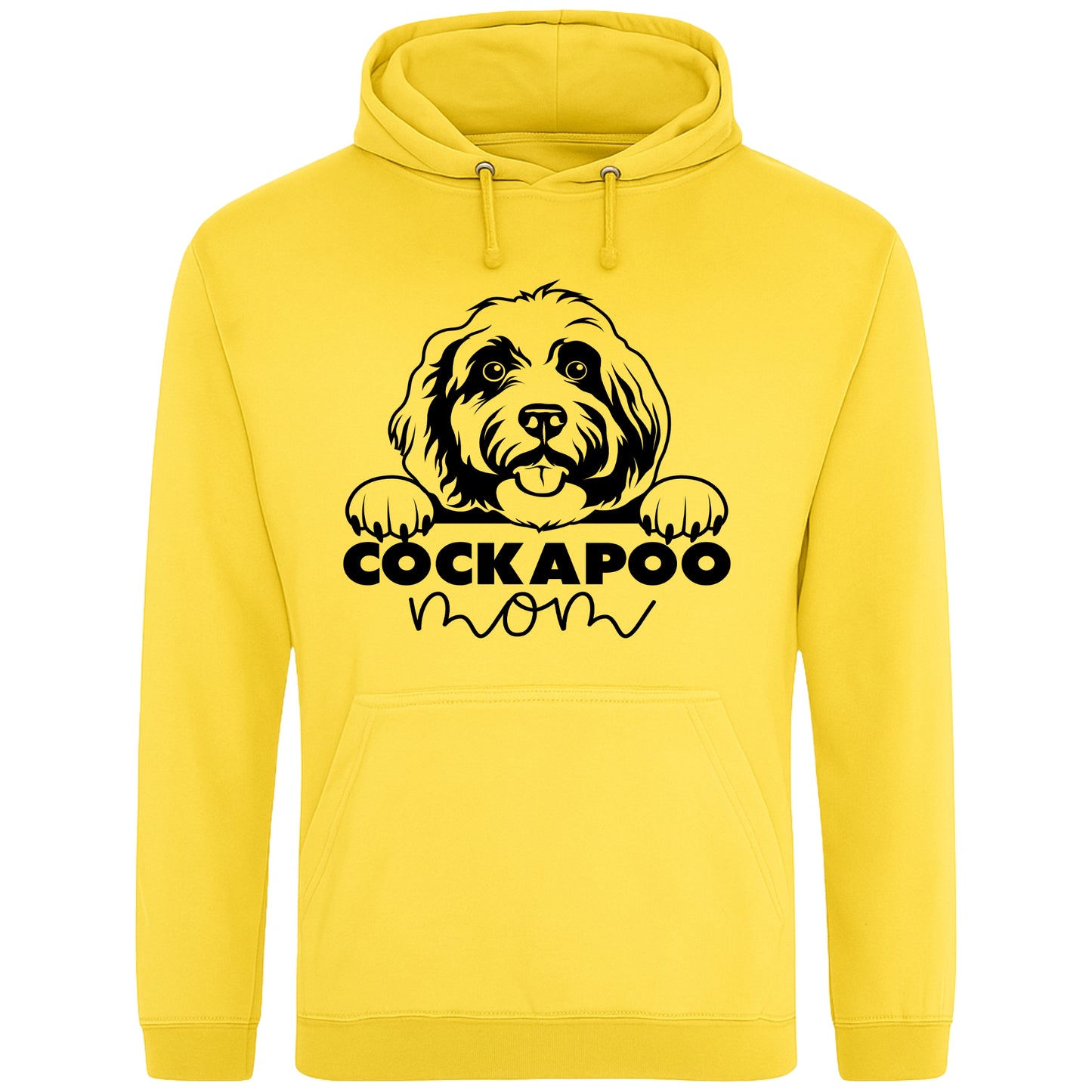A yellow hoodie with a playful design featuring a cartoon Cockapoo dog peeking over the bold text 'Cockapoo Mom' in a mix of black and pink fonts. The dog has a cute expression with its tongue out and paws hanging over the text."