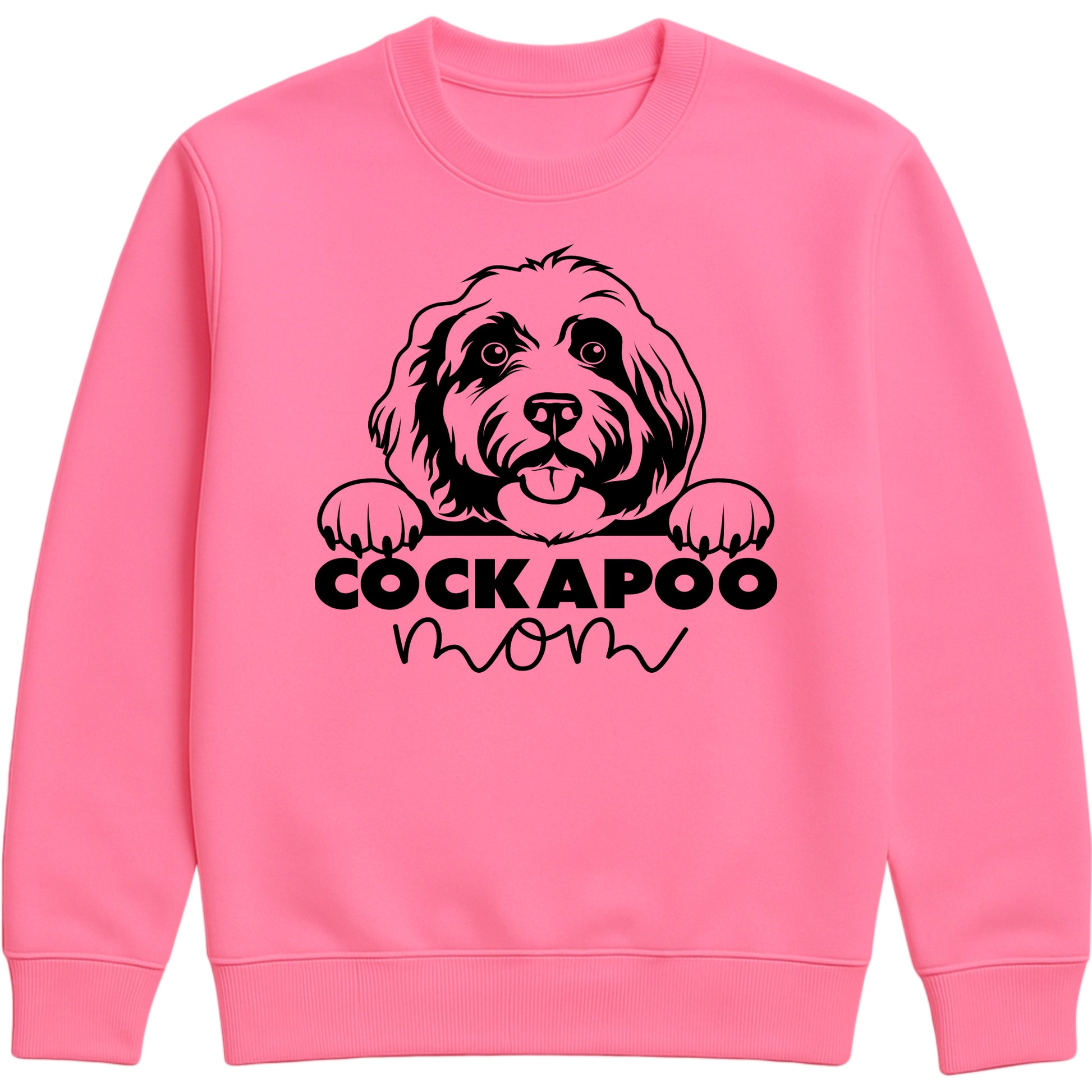 Candyfloss pink sweatshirt with "Cockapoo Mom" text and a cute Cockapoo face graphic, perfect for dog moms and pet lovers.
