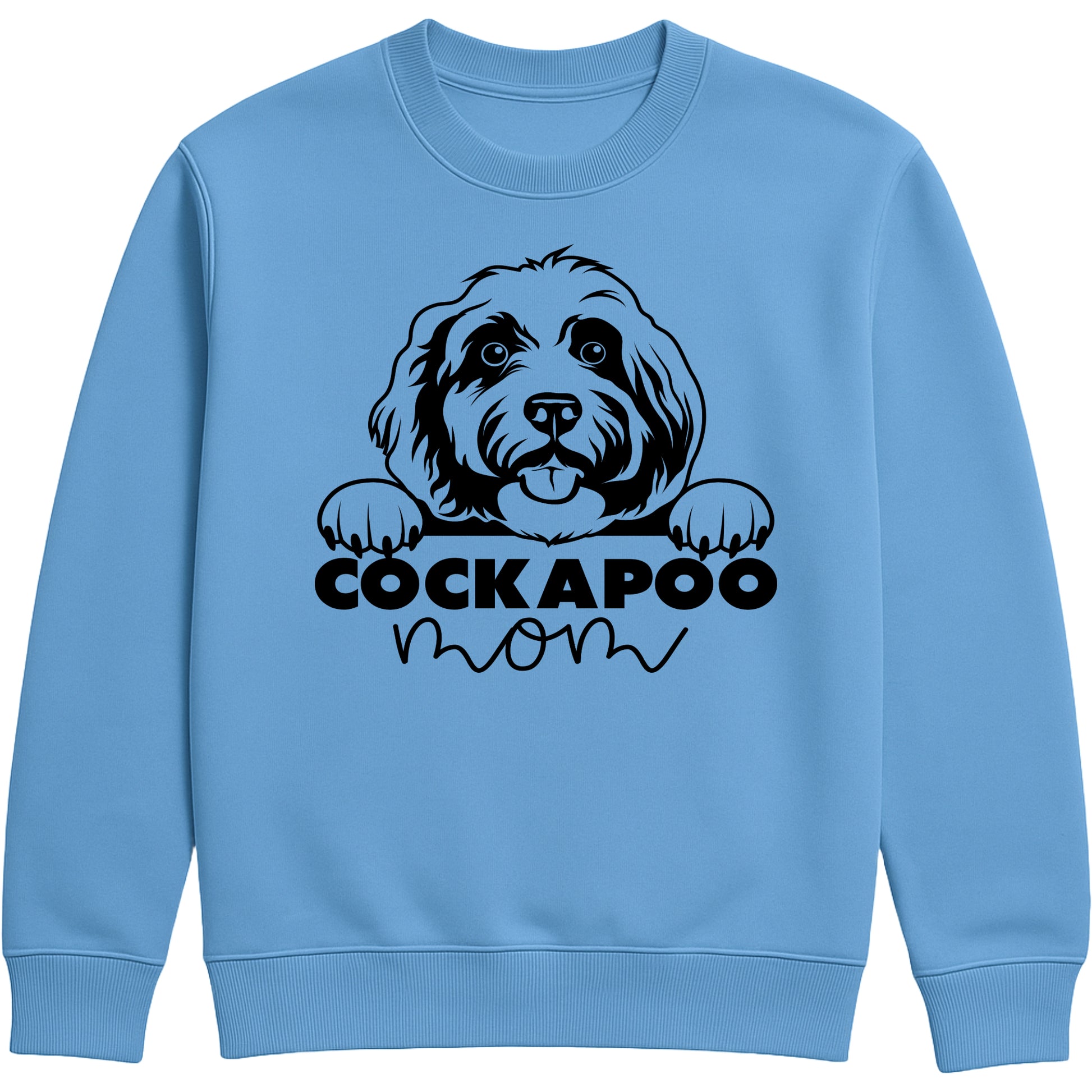 Cornflower blue colour sweatshirt with "Cockapoo Mom" text and a cute Cockapoo face graphic, perfect for dog moms and pet lovers.