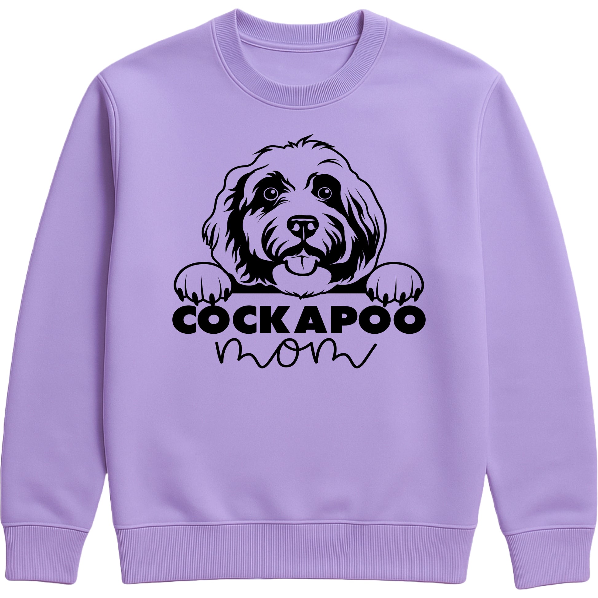 lavender sweatshirt with "Cockapoo Mom" text and a cute Cockapoo face graphic, perfect for dog moms and pet lovers.