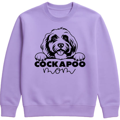 lavender sweatshirt with "Cockapoo Mom" text and a cute Cockapoo face graphic, perfect for dog moms and pet lovers.