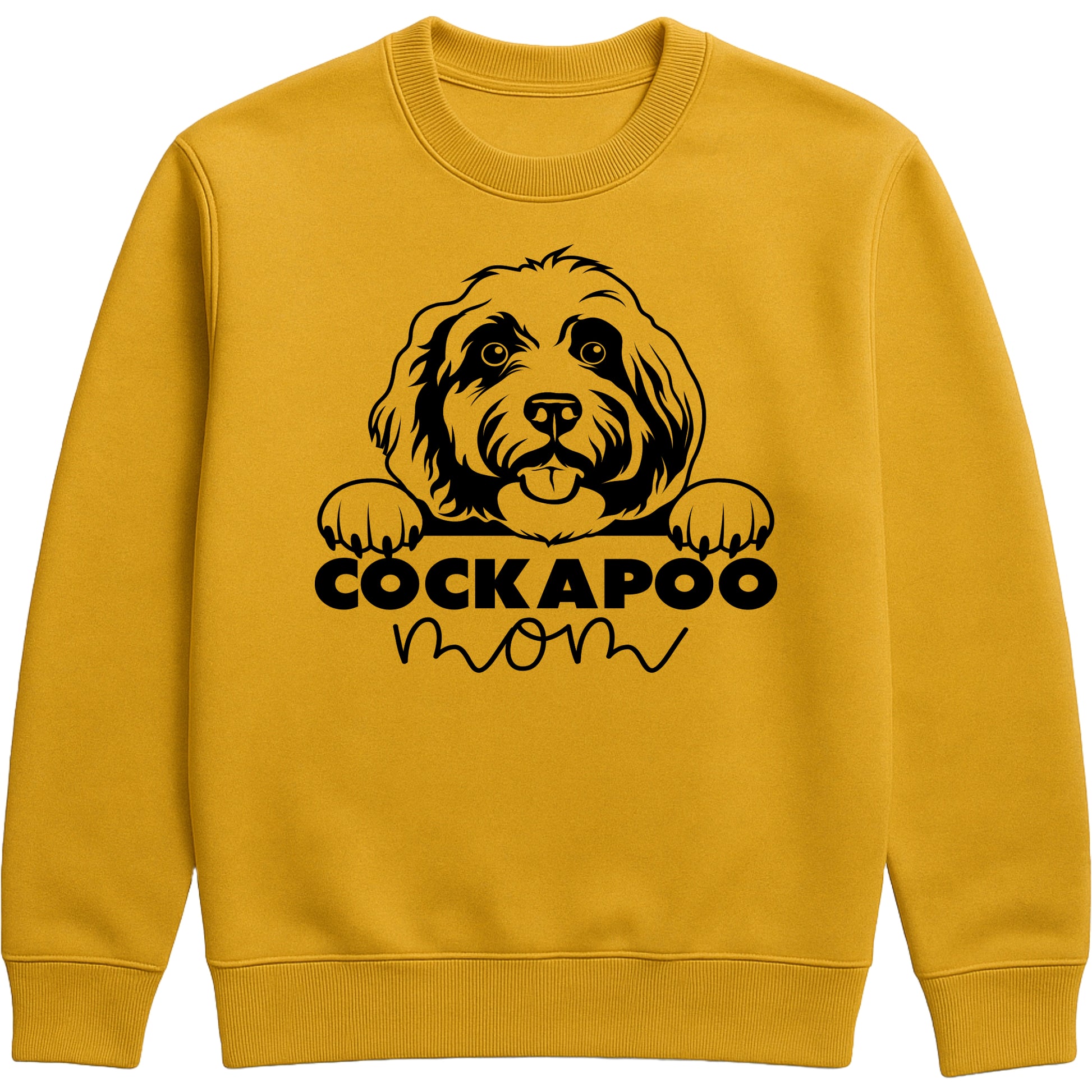 Gold Colour sweatshirt with "Cockapoo Mom" text and a cute Cockapoo face graphic, perfect for dog moms and pet lovers.
