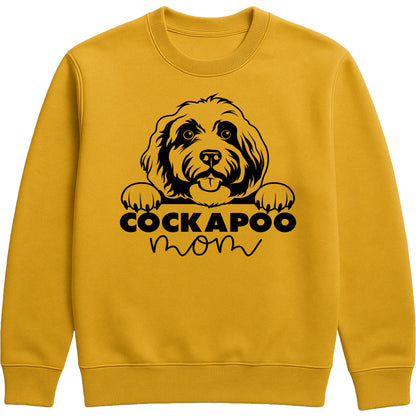 Gold Colour sweatshirt with "Cockapoo Mom" text and a cute Cockapoo face graphic, perfect for dog moms and pet lovers.