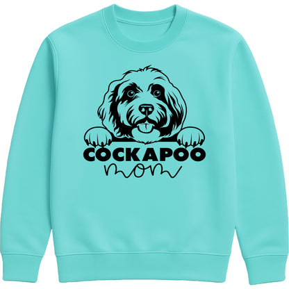 Peppermint colour sweatshirt with "Cockapoo Mom" text and a cute Cockapoo face graphic, perfect for dog moms and pet lovers.