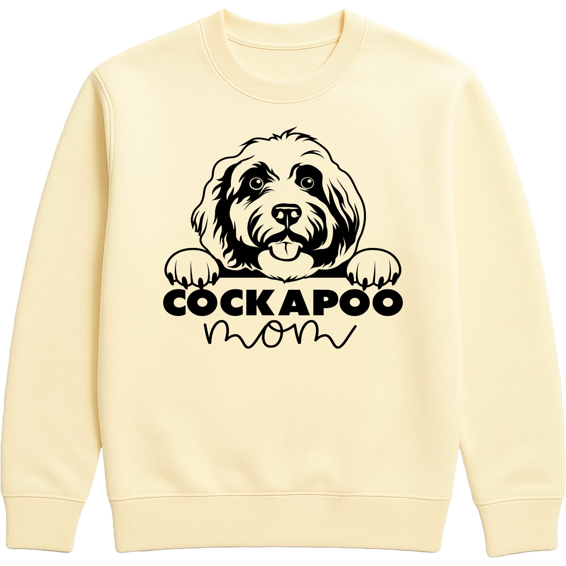 Vanilla Milkshake colour sweatshirt with "Cockapoo Mom" text and a cute Cockapoo face graphic, perfect for dog moms and pet lovers.