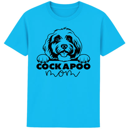 Aqua Blue cockapoo Mom t-shirt featuring a cute Cockapoo dog graphic, perfect for Cockapoo owners, dog mums, and dog lovers.