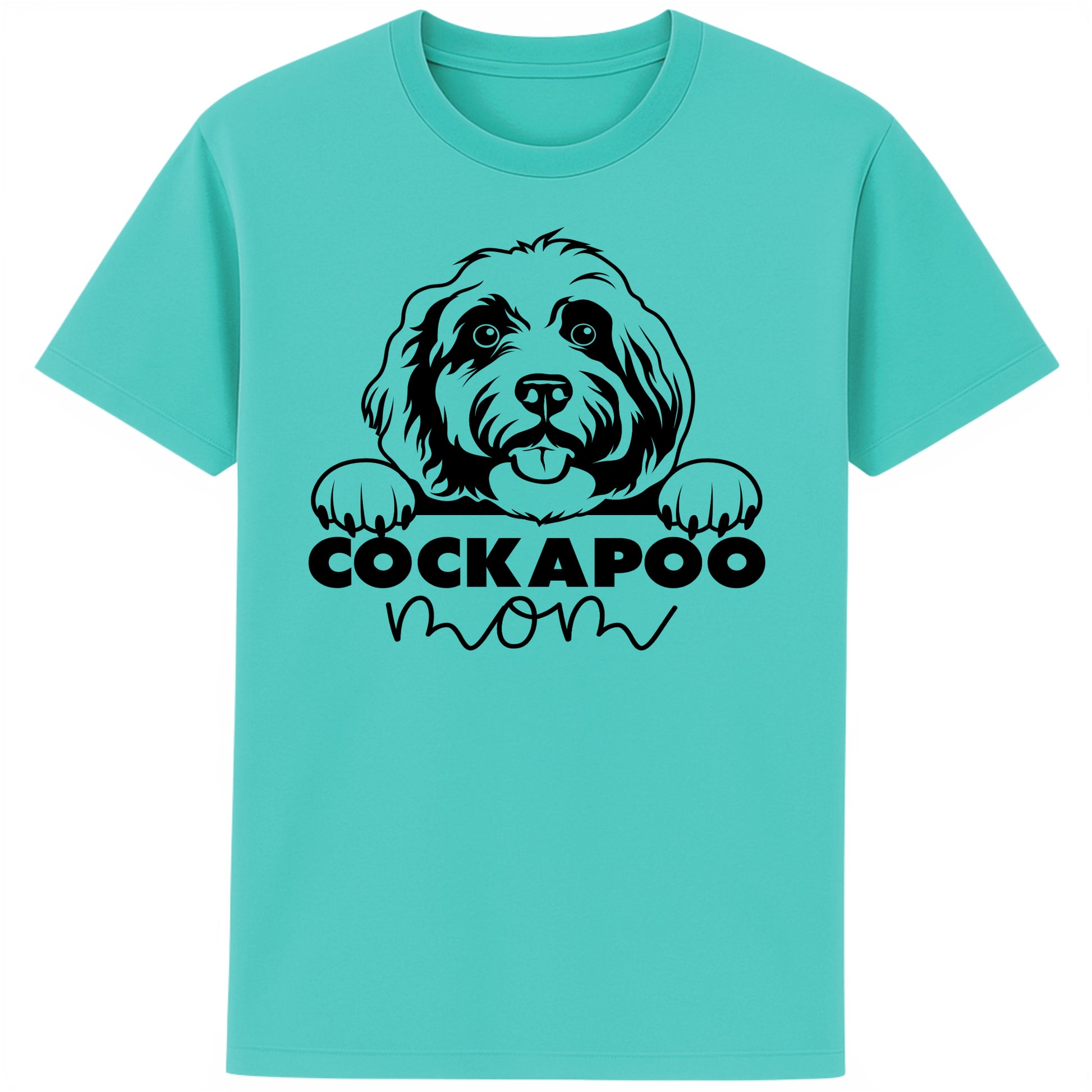Pool Blue Colour cockapoo mom t-shirt featuring a cute Cockapoo dog graphic, perfect for Cockapoo owners, dog mums, and dog lovers.