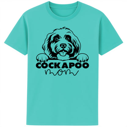 Pool Blue Colour cockapoo mom t-shirt featuring a cute Cockapoo dog graphic, perfect for Cockapoo owners, dog mums, and dog lovers.