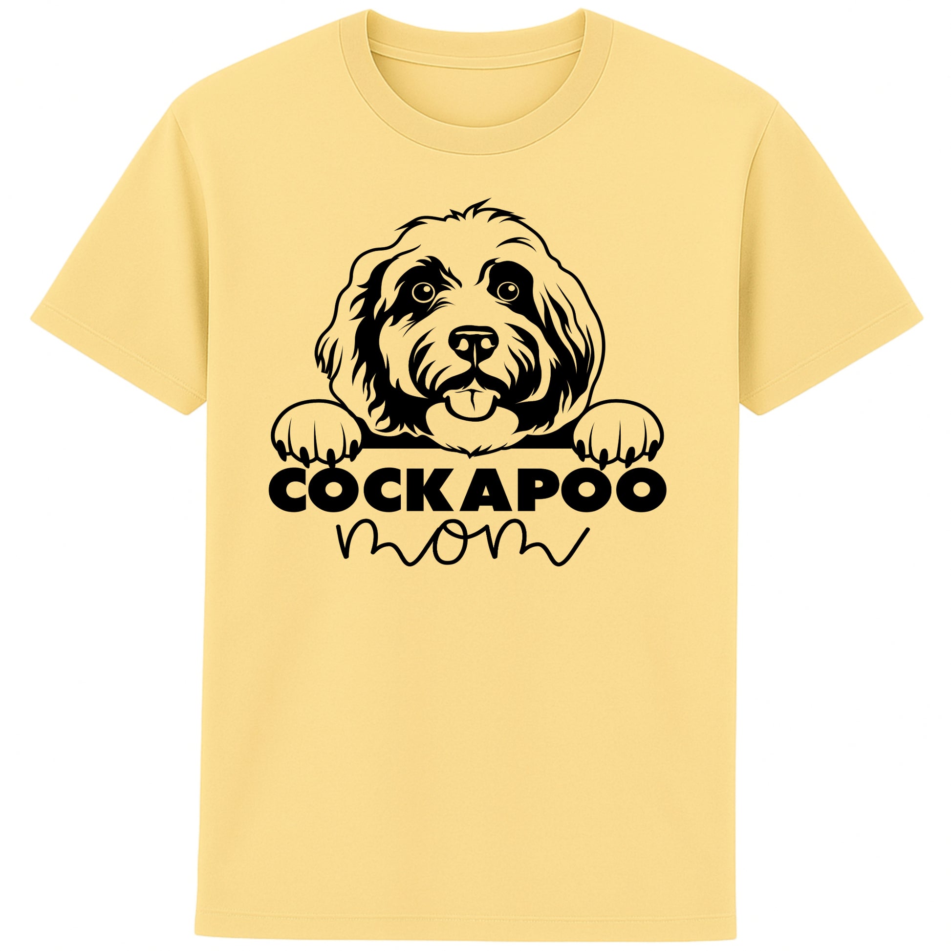 Yellow cockapoo mom t-shirt featuring a cute Cockapoo dog graphic, perfect for Cockapoo owners, dog mums, and dog lovers.