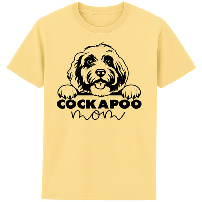 Yellow cockapoo mom t-shirt featuring a cute Cockapoo dog graphic, perfect for Cockapoo owners, dog mums, and dog lovers.